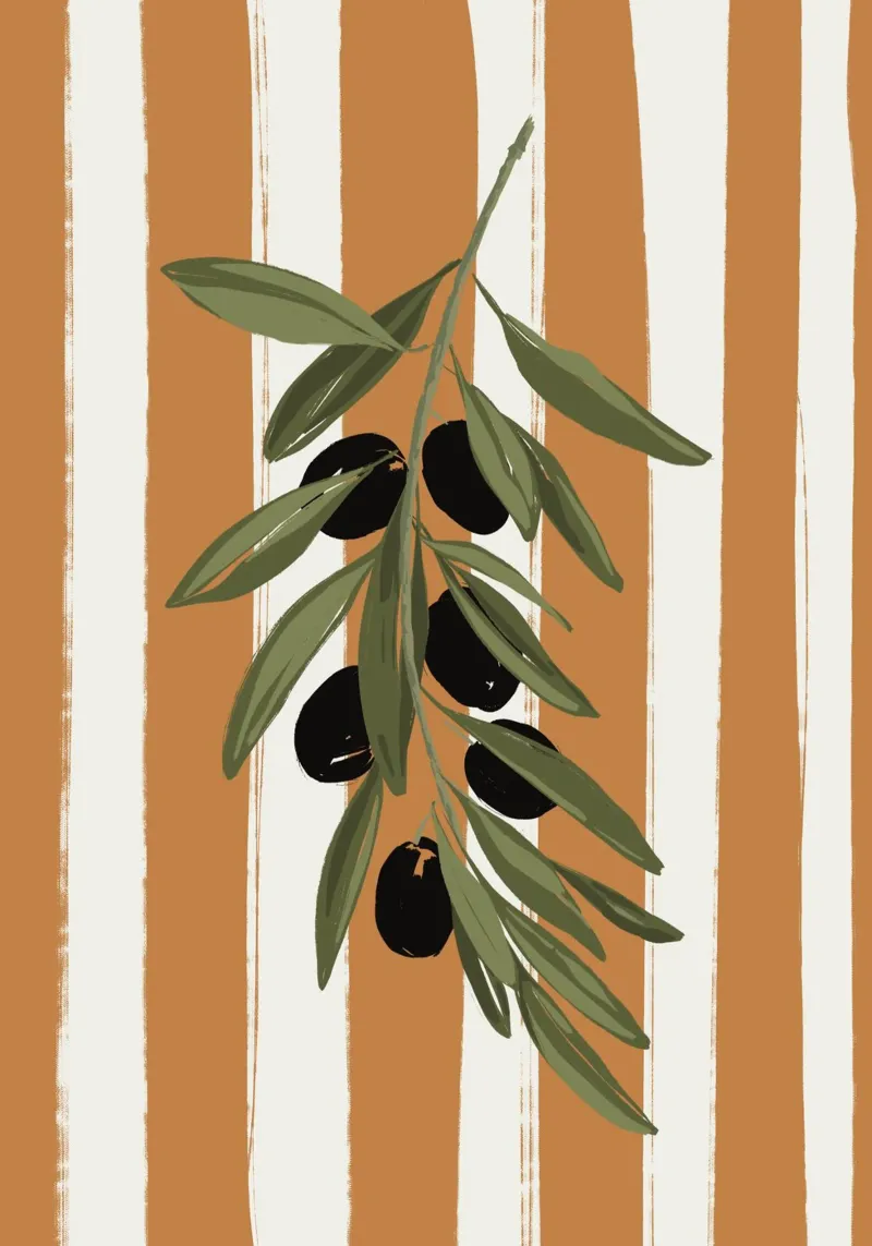Olives on orange stripes poster with aluminum frame by Sixmai