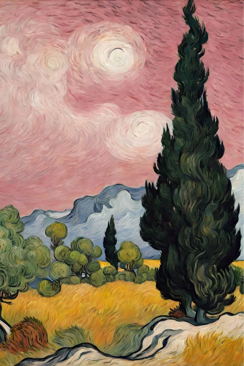 vue de pins sous un ciel rose hahnemühle de Piper Shop Oke