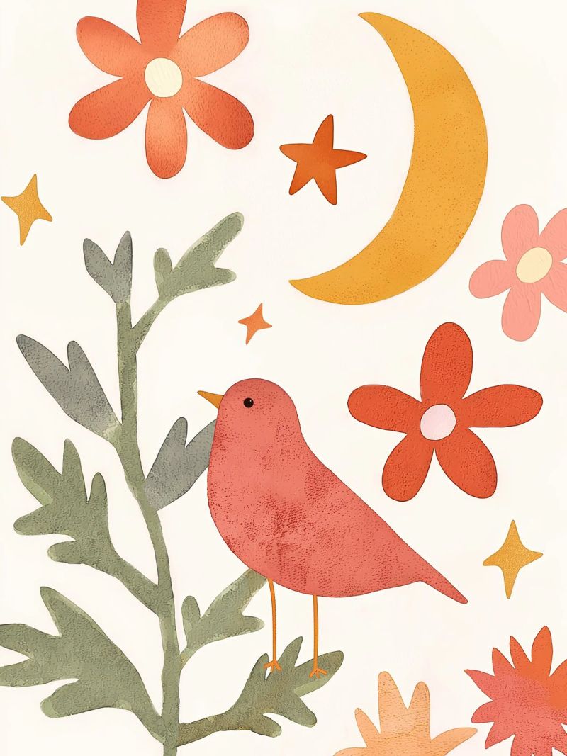 Art mural céleste Boho Moon Garden Cute Bird and Floral poster de Gentle Echoes Art