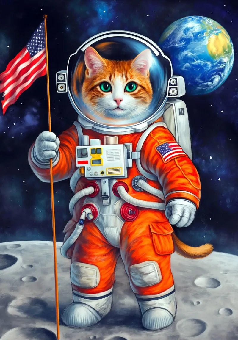 Gatto astronauta americano sulla Luna poster con telaio in legno da Fleur de Lys