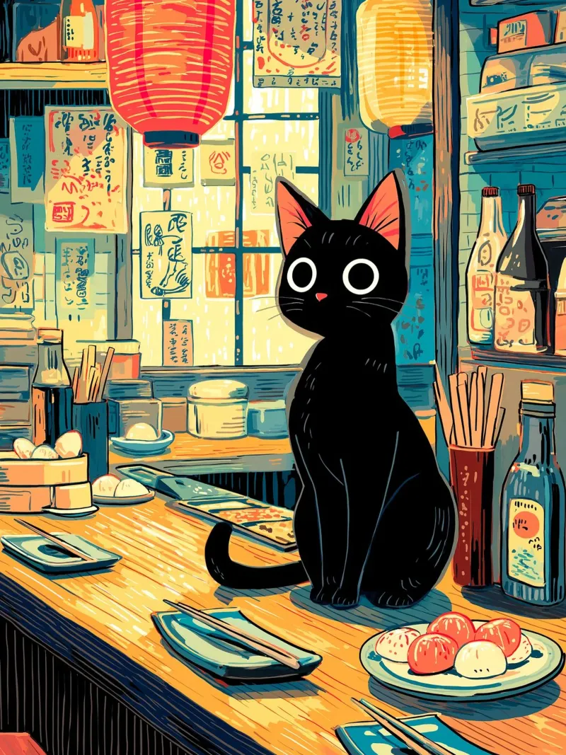 Gatto nero in ristorante giapponese tela con Cornice a cassetta da Fleur de Lys