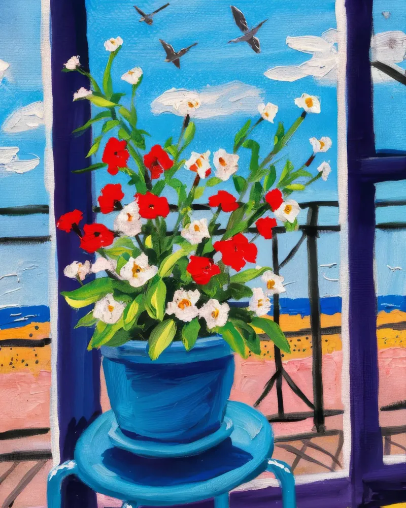 Balkon Geraniums Hoogbouw canvas met Baklijst van Silk Palette