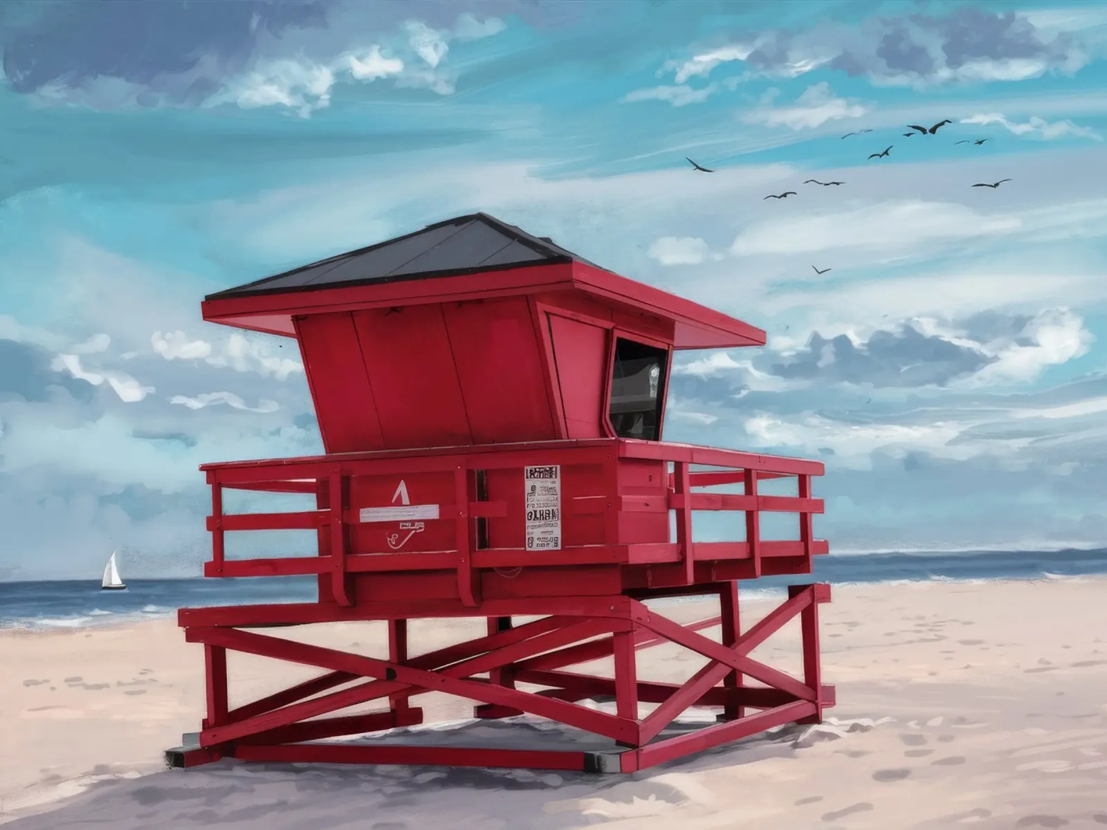 Red Lifeguard Tower poster with plastic frame by Silk Palette