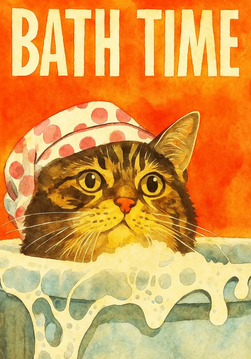 Katze Bad Zeit retro Kunst Zeichnung Poster mit Kunststoffrahmen von genzaa