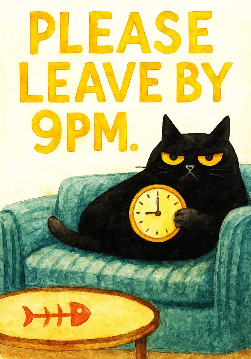 cat please leave me by 9 pm retro art drawing poster avec cadre en plastique de genzaa