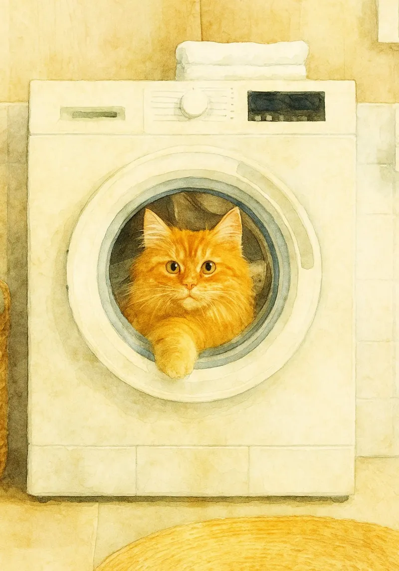 grappige kat in de wasmachine retro art tekening canvas van genzaa