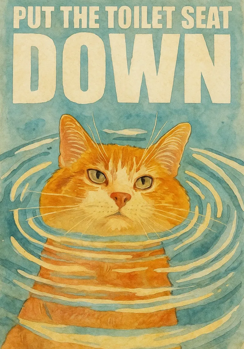 funny cat put the toilet seat down retro art drawing backlit film by genzaa