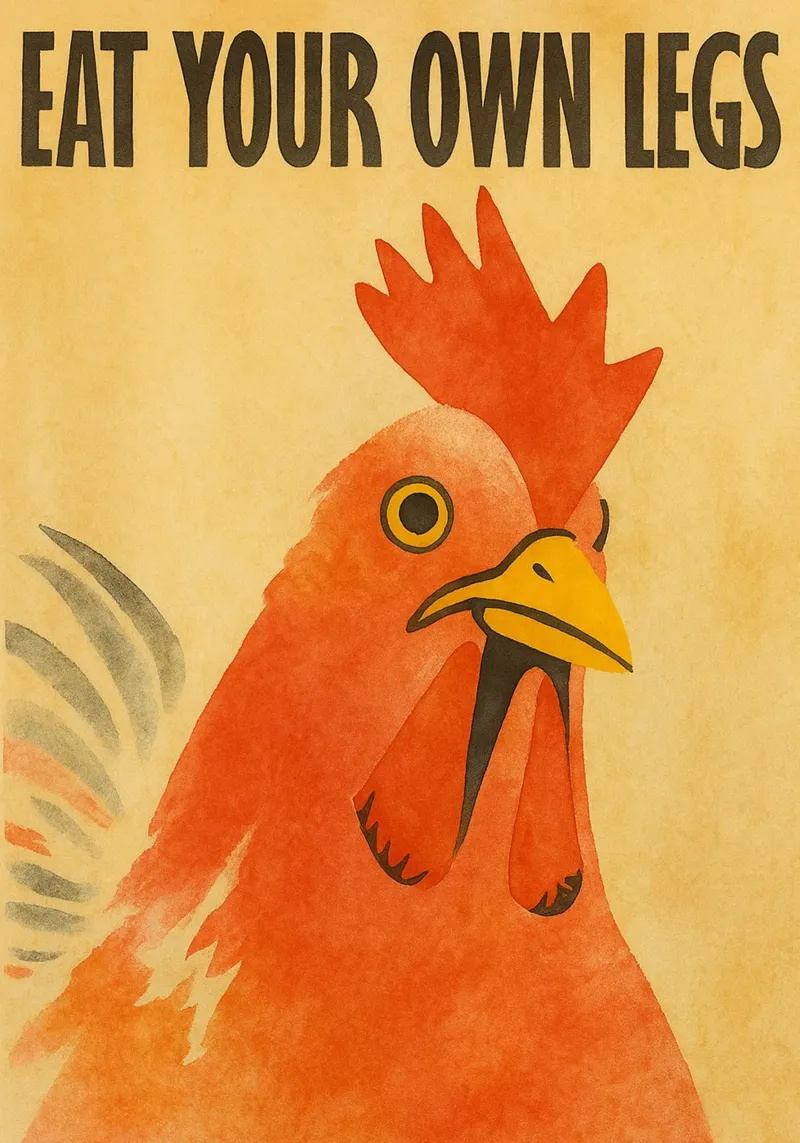 grappige kip eet je eigen poten retro art tekening canvas van genzaa