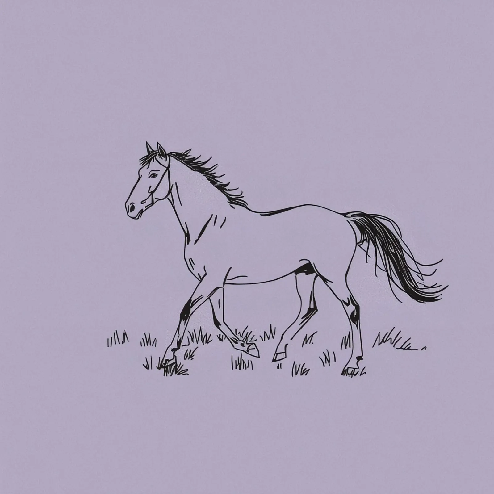 Schizzo di un cavallo che trotta sull'erba con pastello viola pellicola backlit da DesignDoodle