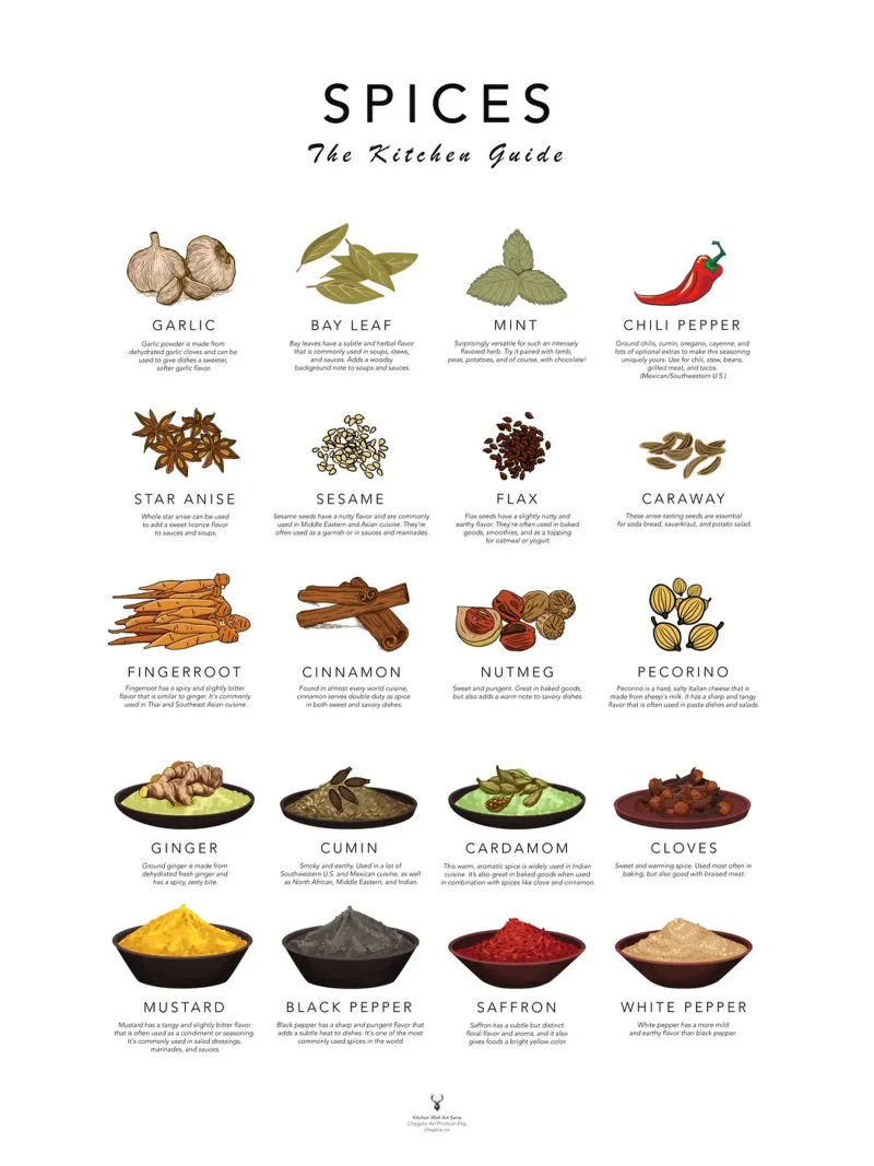 Guida alle spezie Cook Cheat Paper Kitchen Wall Art Spices Poster tela con Cornice a cassetta da Chagatai Art