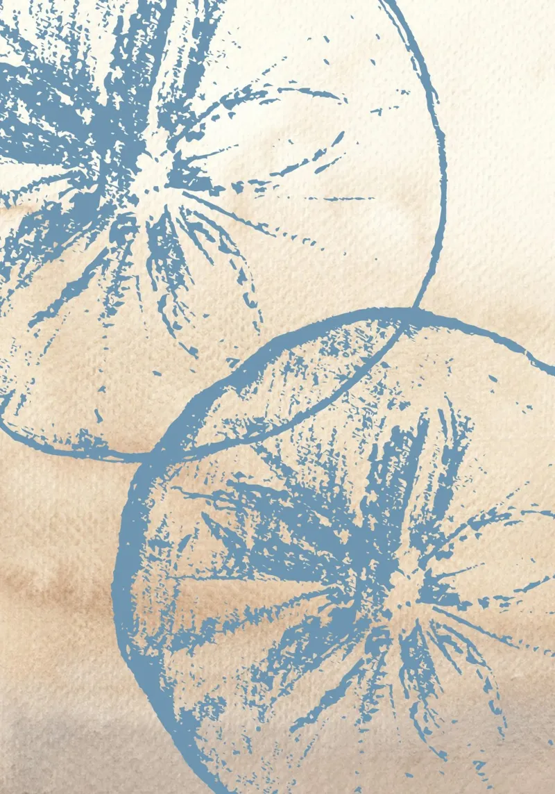 Abstracte plakjes citrusvruchten - Blauw & beige, modern botanisch canvas met Baklijst van ClubArt