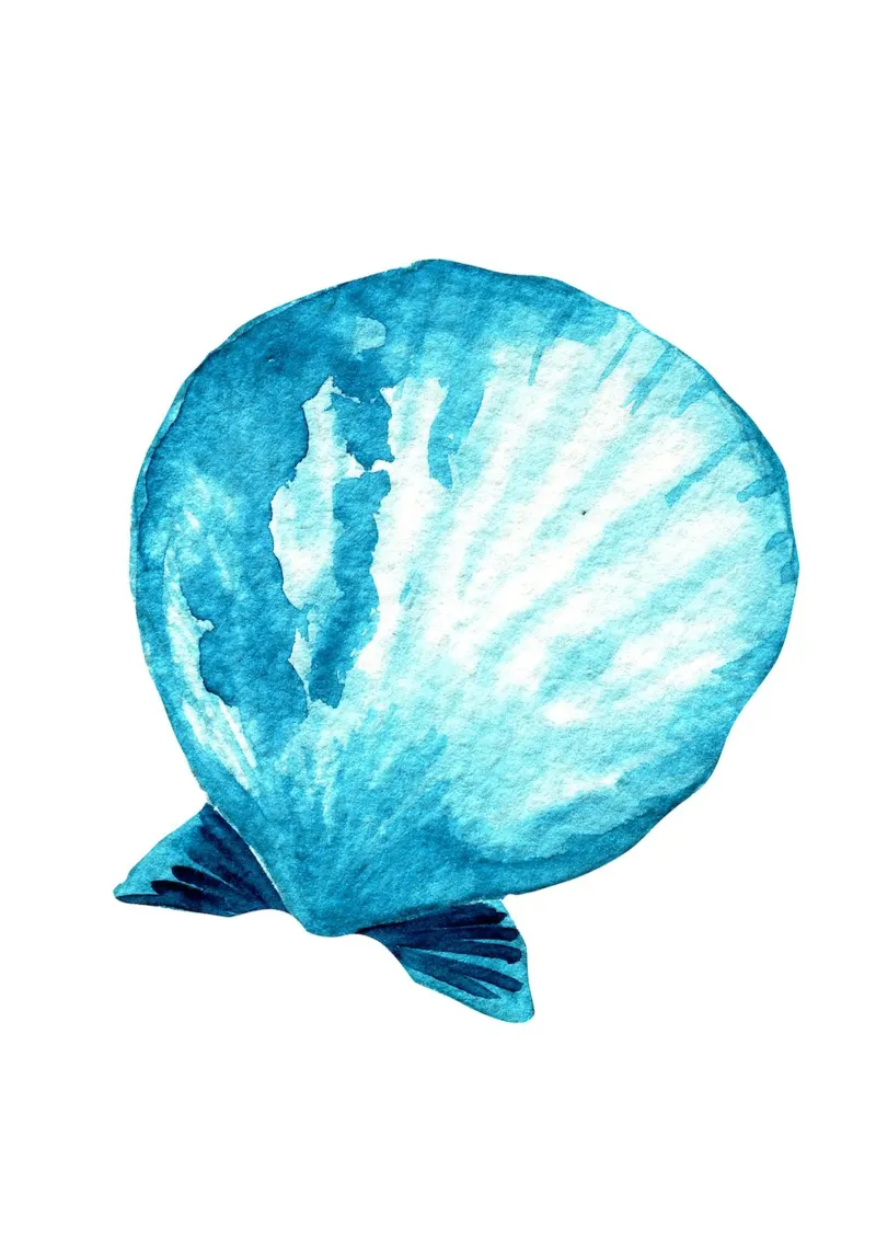 Blaue Jakobsmuschel Aquarell - Kunst am Meer, Ozean Home Deco Poster mit Kunststoffrahmen von ClubArt