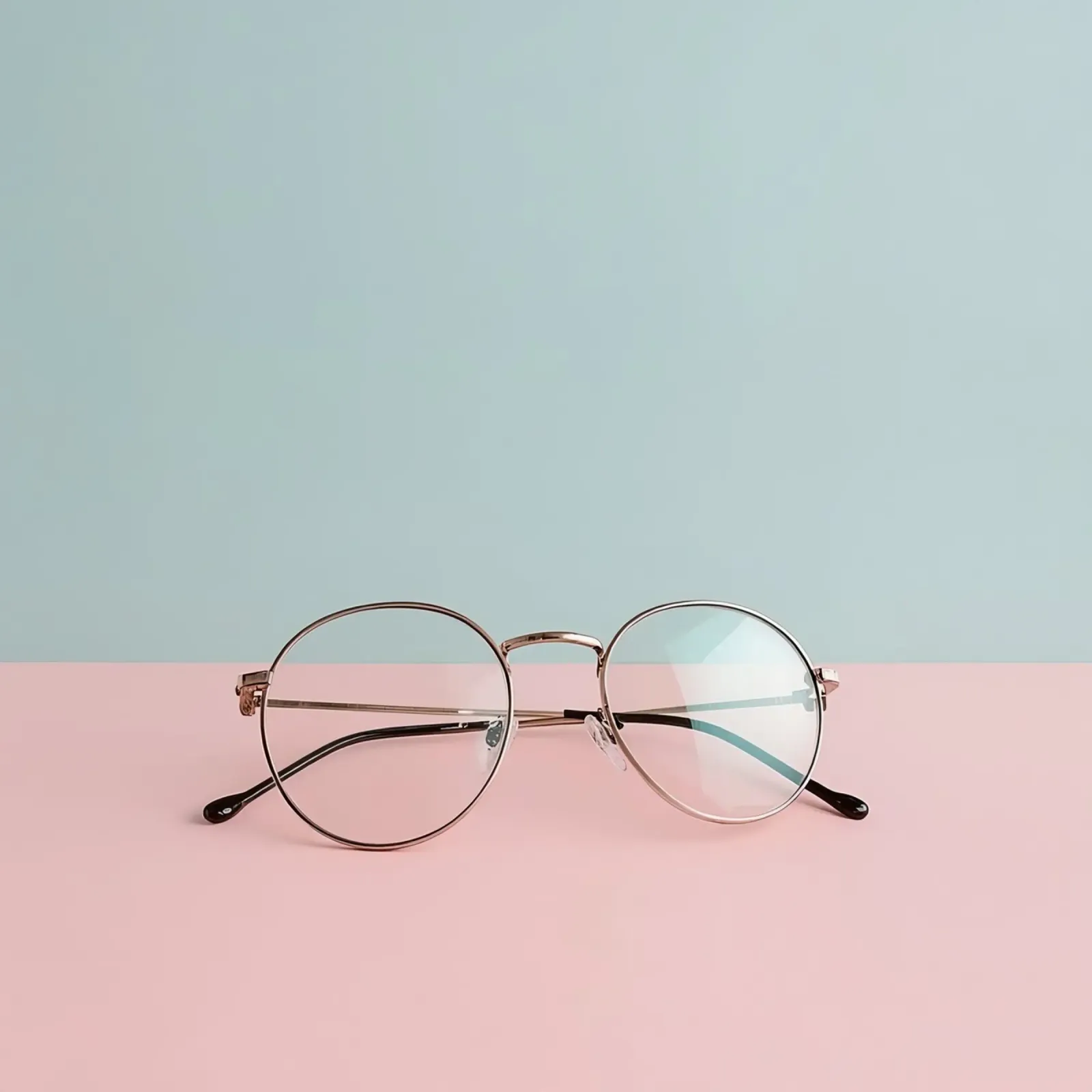Occhiali da vista rotondi classici appoggiati su un pastello rosa e blu alluminio dibond da DesignDoodle