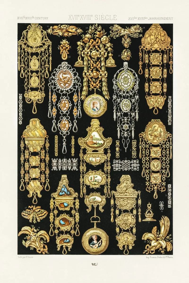 Gioielli Albert Racine del XVII-XVIII secolo - Patte d'oro d'epoca poster con telaio in alluminio da ClubArt