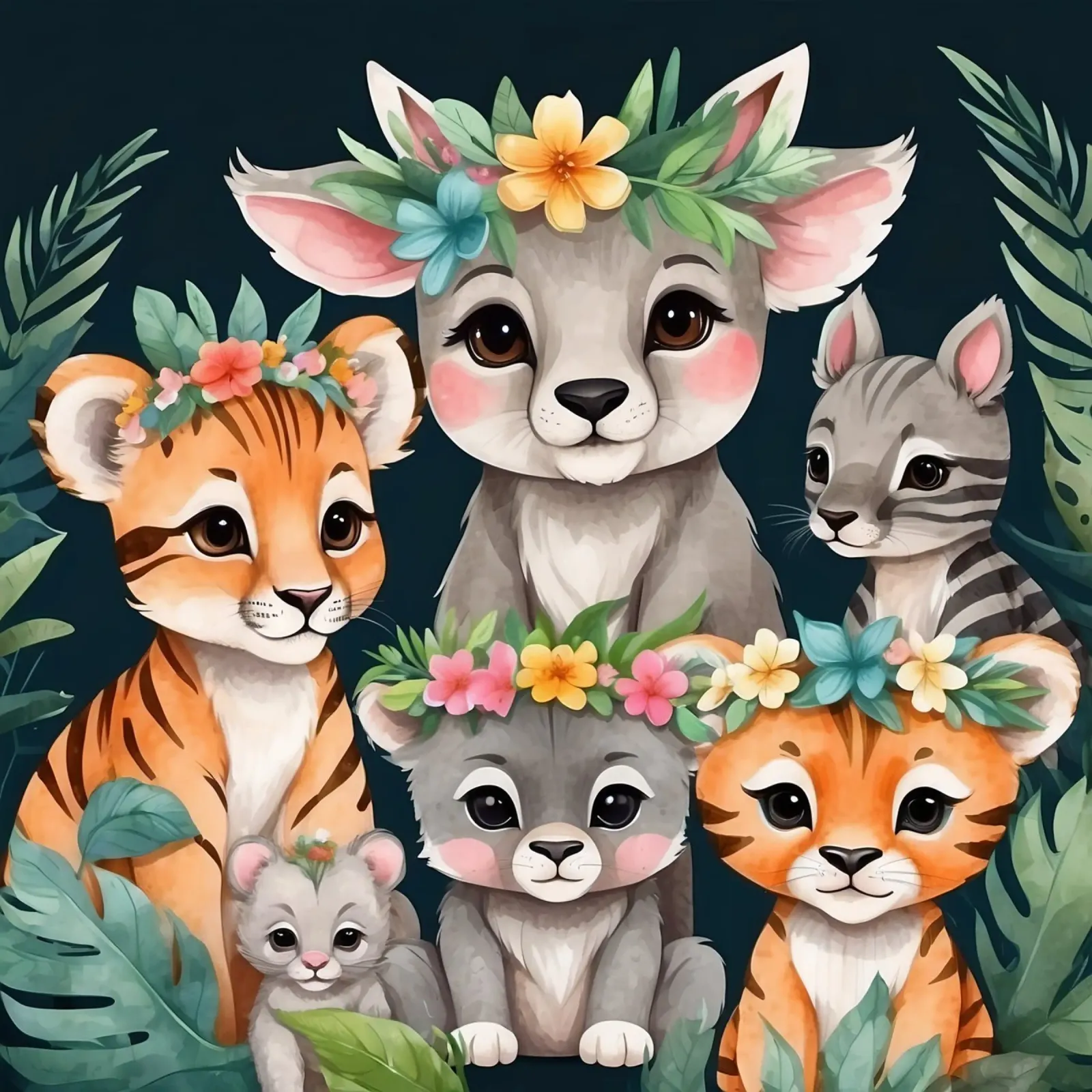 Mignon groupe d'animaux de dessins animés portant des couronnes de fleurs hahnemühle de DesignDoodle