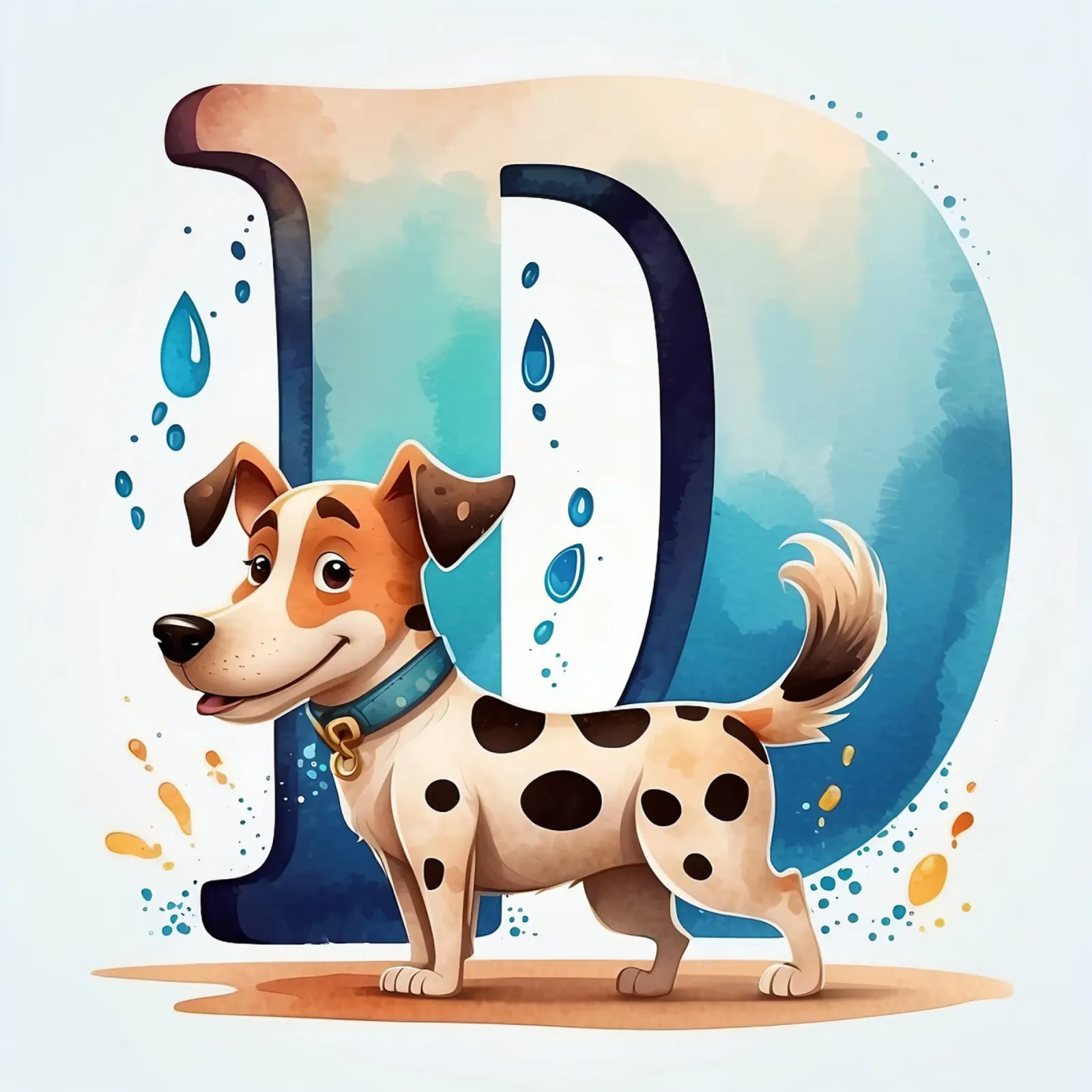Chien mignon debout à côté d'une grande lettre D avec de l'eau enjouée hahnemühle de DesignDoodle