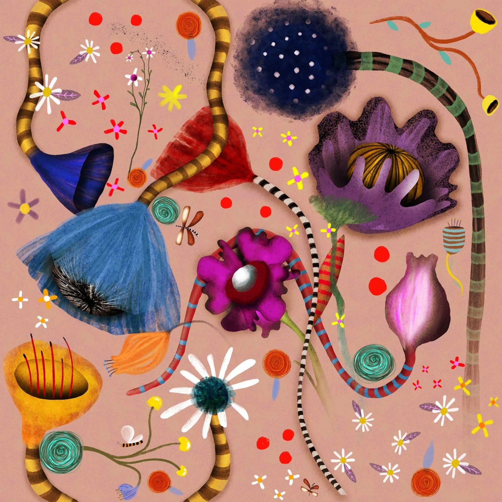 Art floral sur fond de pêche, marguerites botaniques fantaisistes poster de Ruth Fitta-Schulz