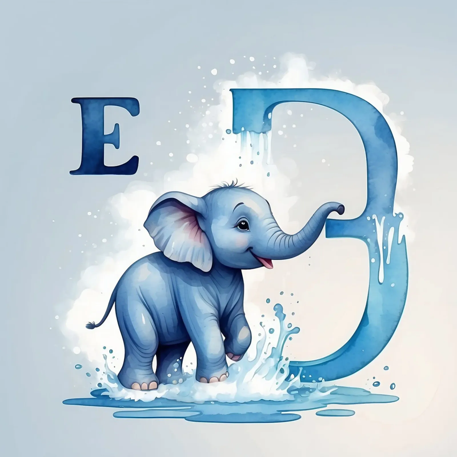 Mignon éléphant bleu s'éclaboussant près de la lettre E poster avec cadre en plastique de DesignDoodle