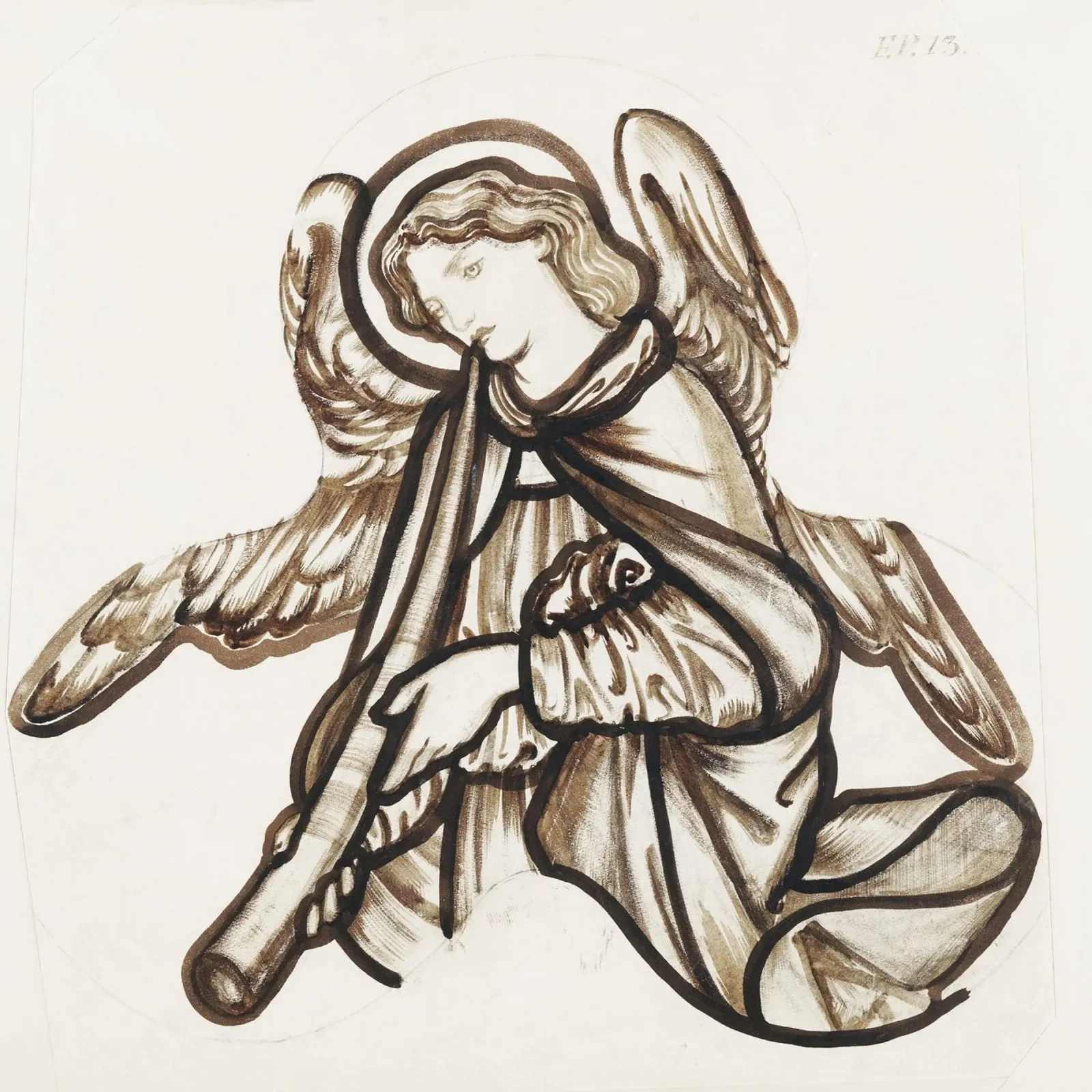 Burne-Jones Ángel tocando un cuerno - Pre-Raphaelite Sketch Ar hahnemühle de ClubArt
