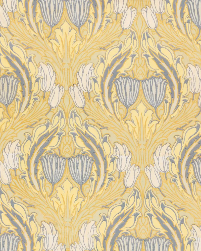Walter Crane Zijwand: Arts & Crafts Bloemen - Geel & Grijs canvas van ClubArt