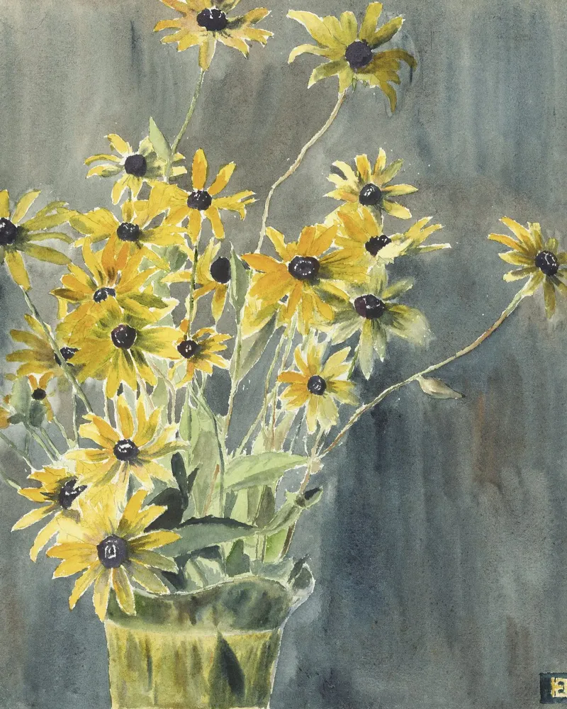Hannah Overbeck: Vaso con susini dagli occhi neri - Arti e Mestieri F tela con Cornice a cassetta da ClubArt