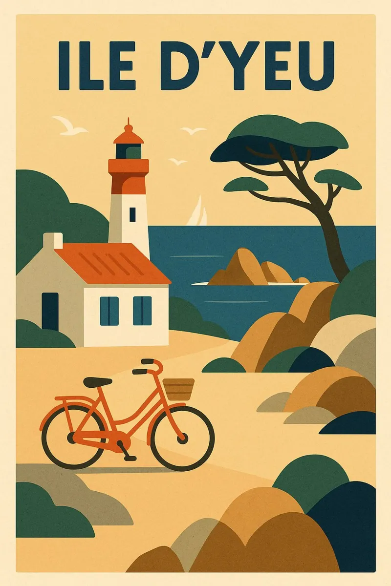 ILE D'YEU - Una dolce fuga tra pini, fari e biciclette rétro poster da JETLAG | affiches voyage