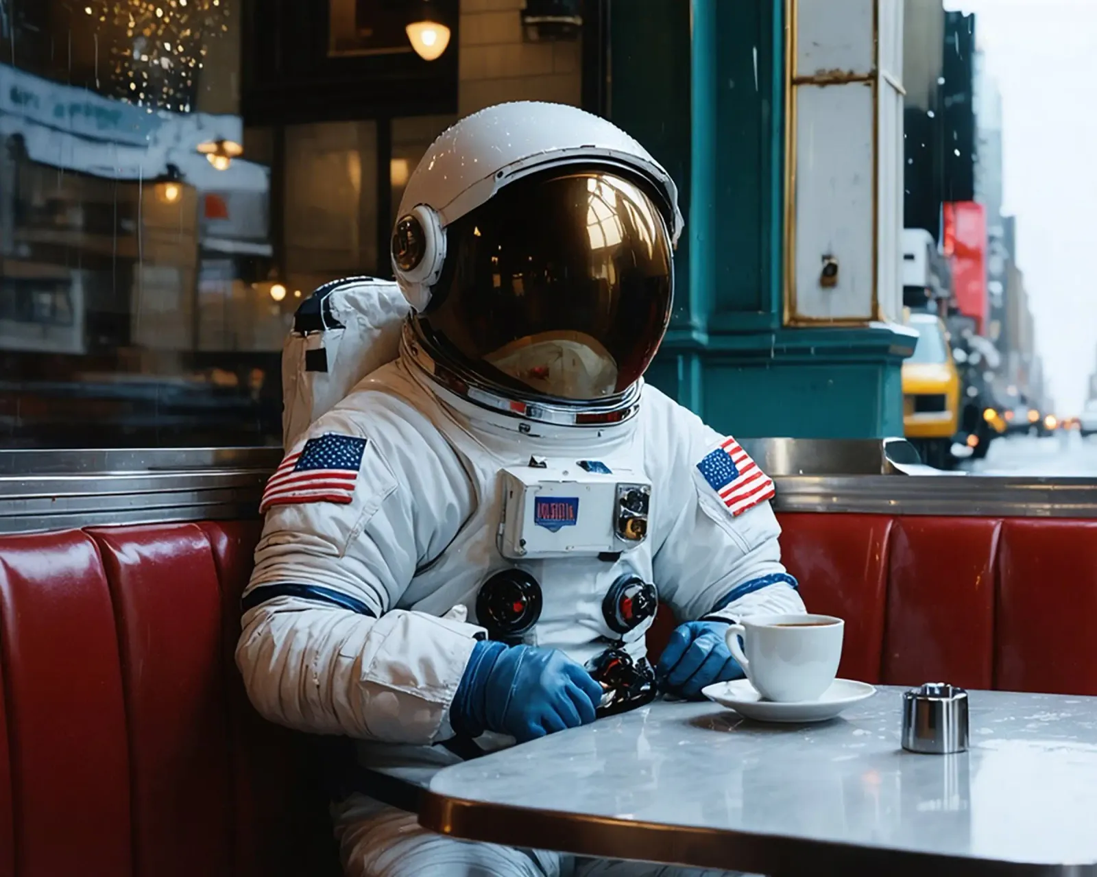 Astronaut Dinner pellicola backlit da Flo Klein