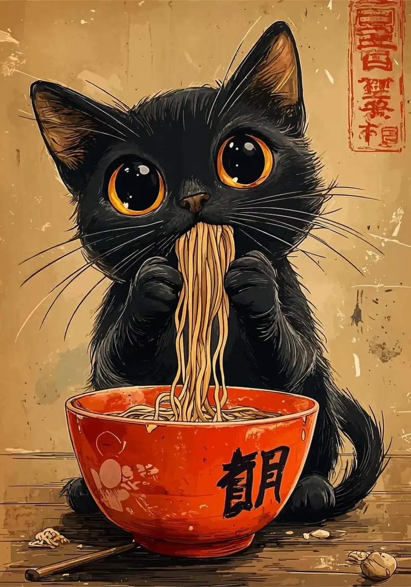 ciotola per tagliatelle di gatto nero poster con telaio in alluminio da Bernadette Miller