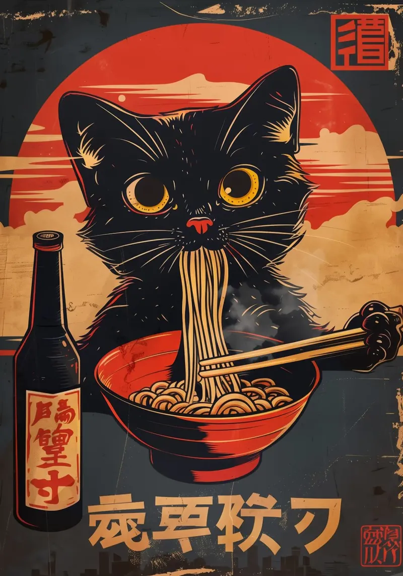 gatto spaghetti ramen pellicola backlit da Bernadette Miller
