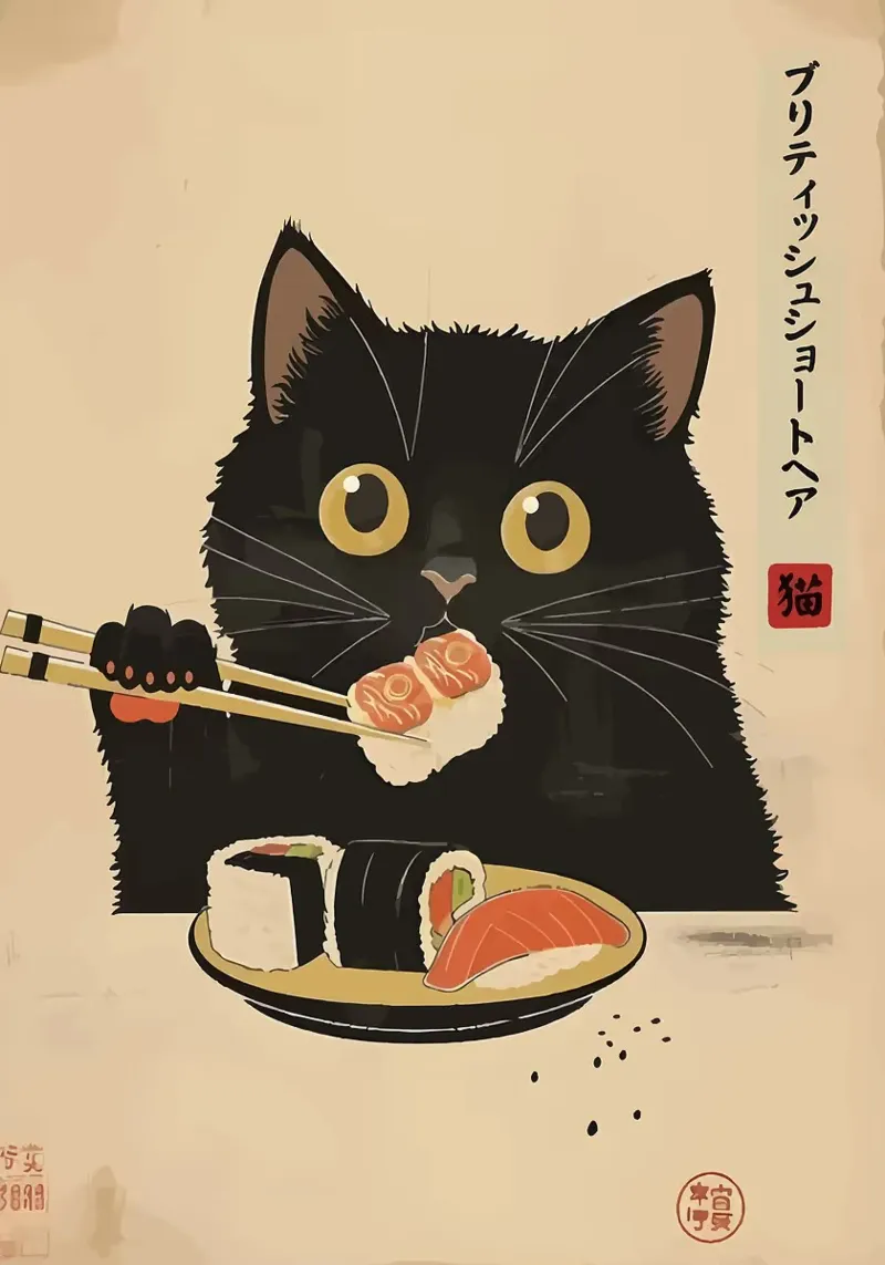 black cat chopsticks sushi canvas by Bernadette Miller