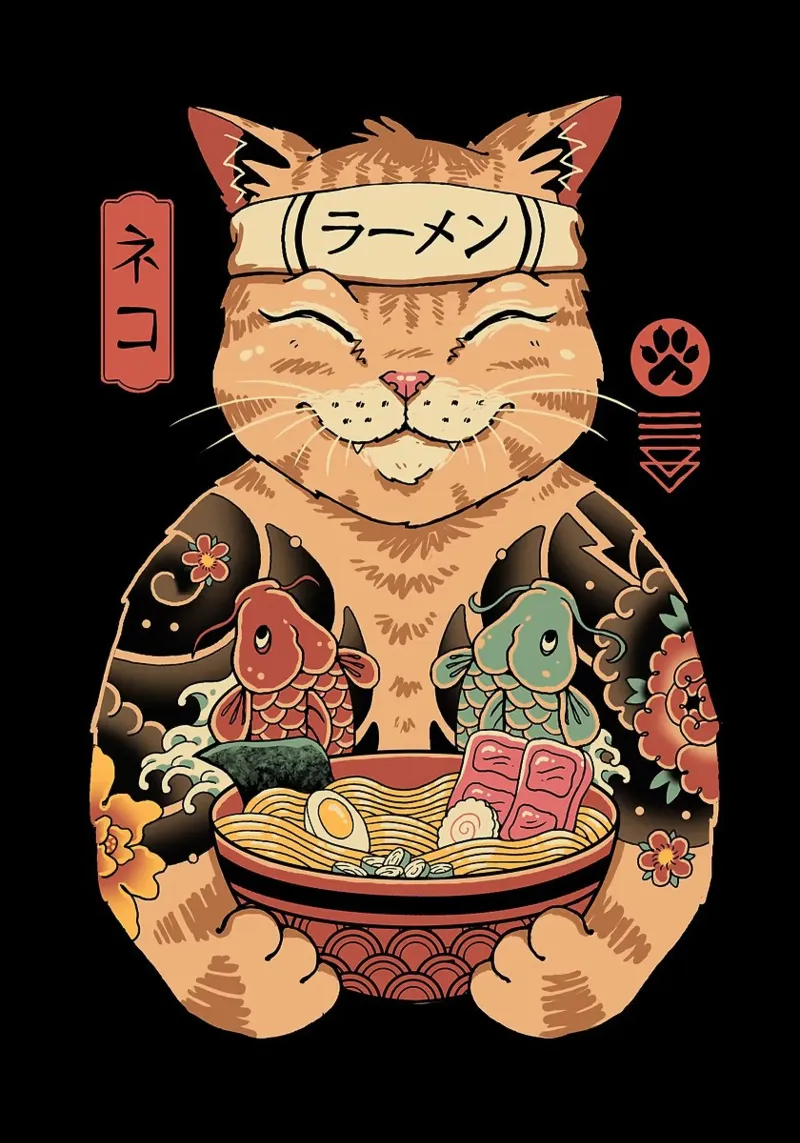 cat ramen fish acrylic glass by Bernadette Miller