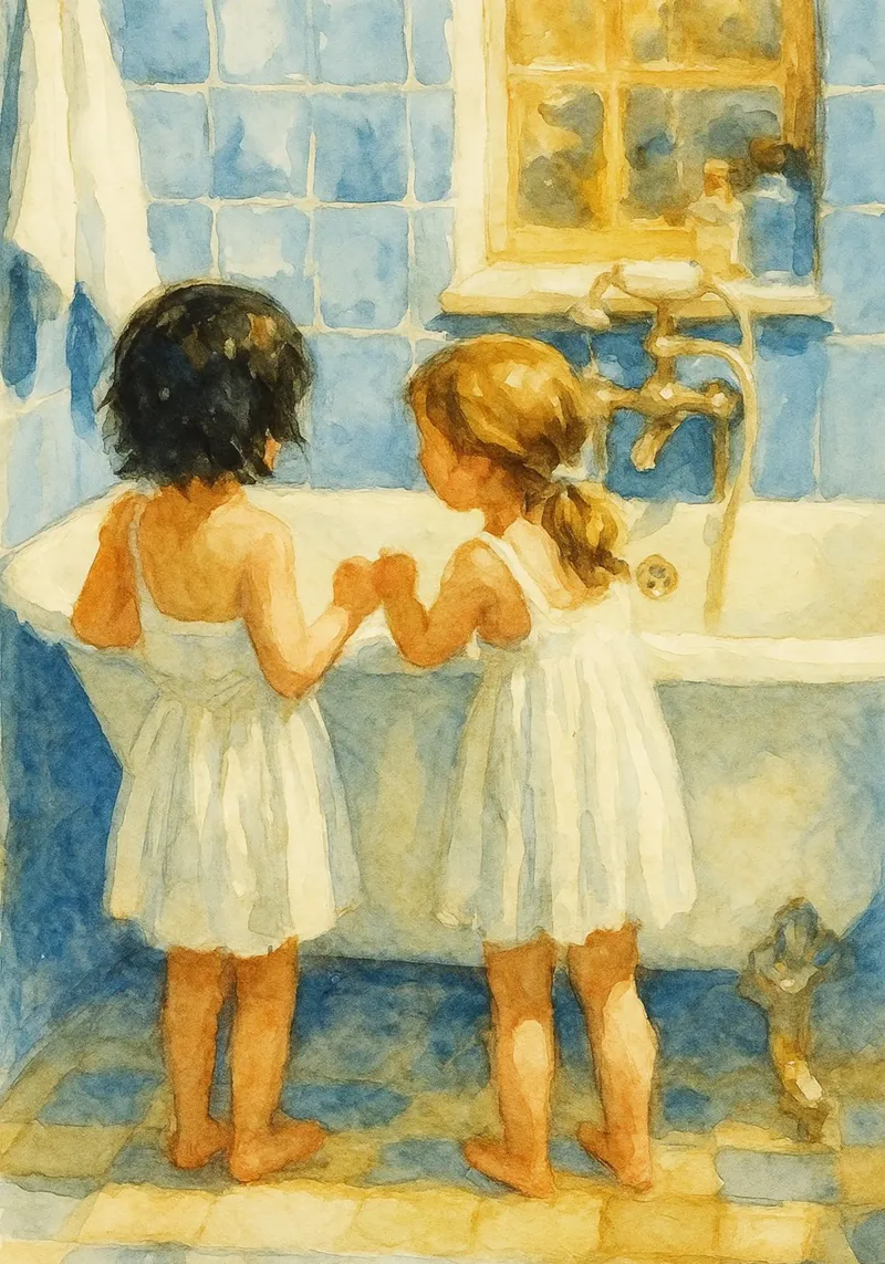 due bambine in bagno poster con telaio in plastica da pakazi