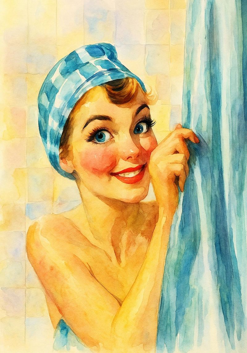 femme avec une drôle de tête dans la salle de bain peinture rétro classique poster de pakazi