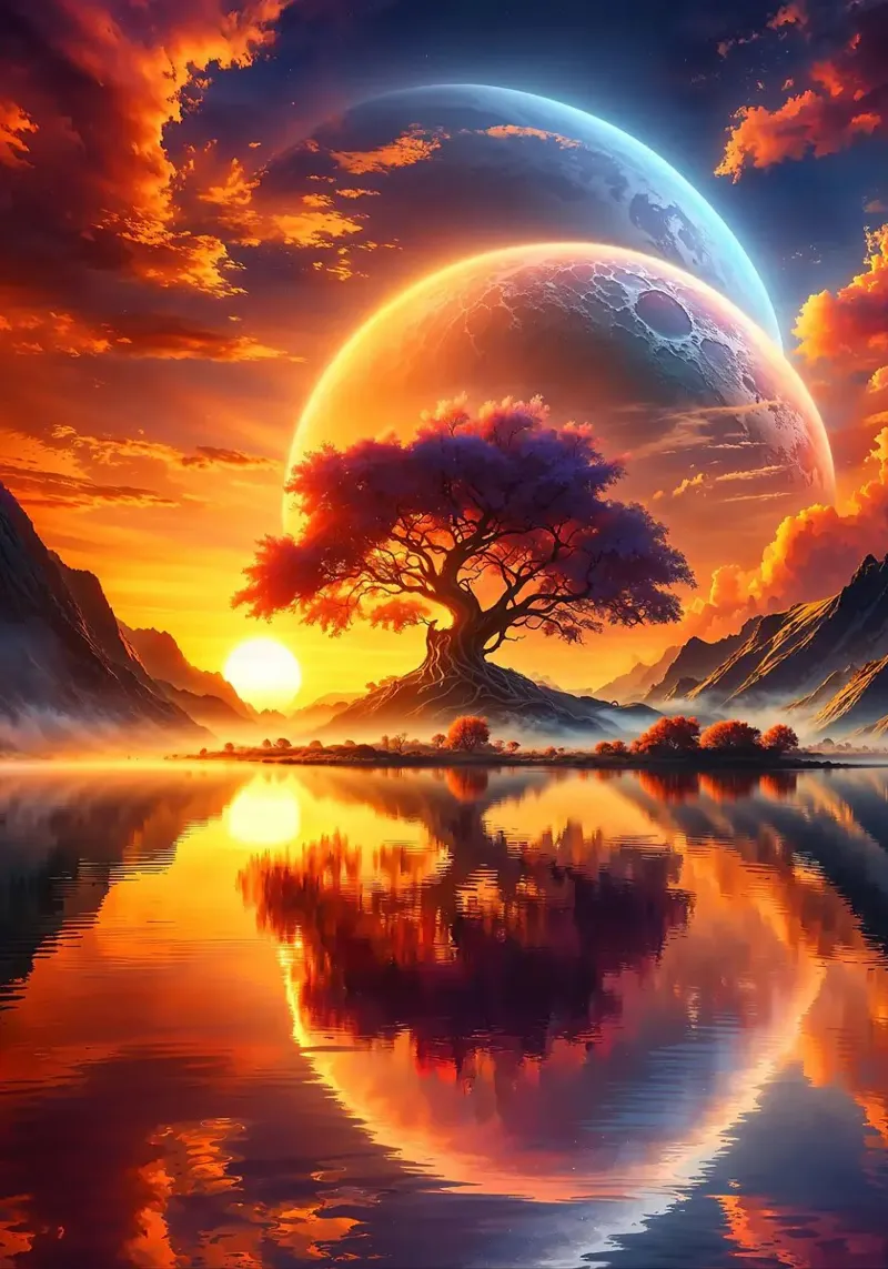 Paesaggio onirico astrale al tramonto poster con telaio in plastica da book