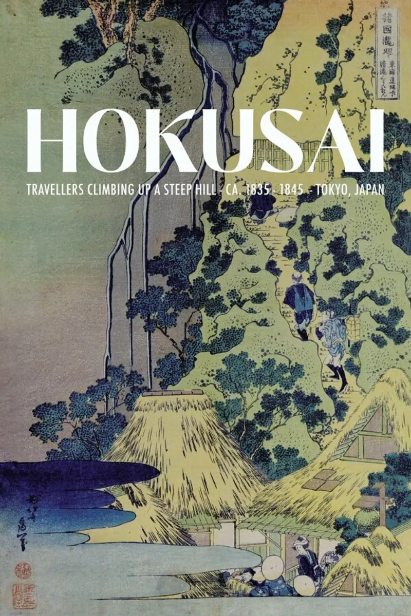 Hokusai - Travellers Climbing Up a Steep Hill ca. 1845 poster con telaio in legno da Vintage by JUNIQE