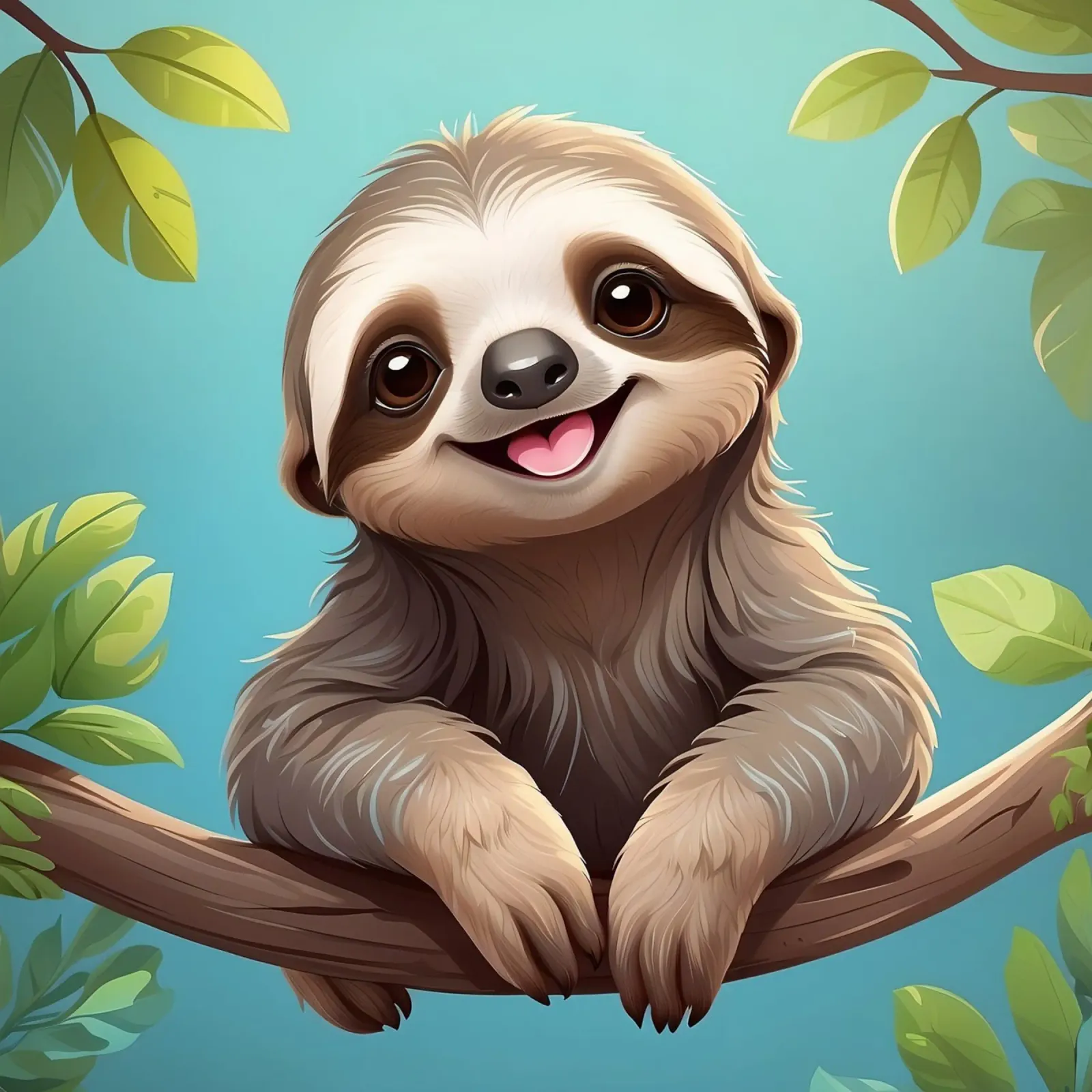 Sloth happily hanging on a tree branch in a lush jungle canvas by DesignDoodle