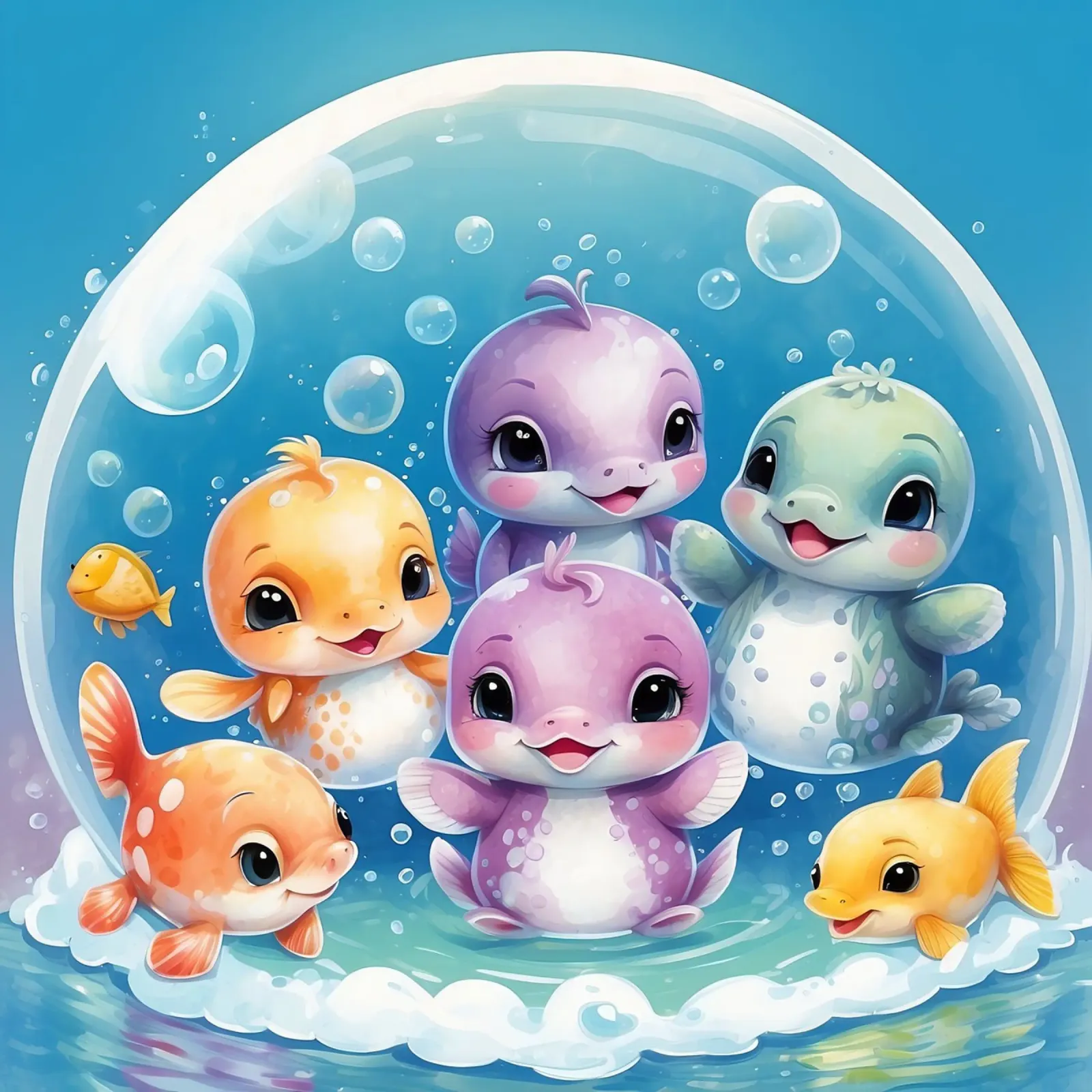 Simpatici personaggi acquatici giocano all'interno di una bolla sott'acqua plexiglass da DesignDoodle