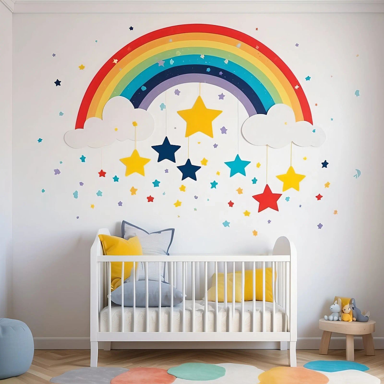 Décoration de chambre d'enfant avec arc-en-ciel et étoiles suspendues dans un décor douillet. poster de DesignDoodle