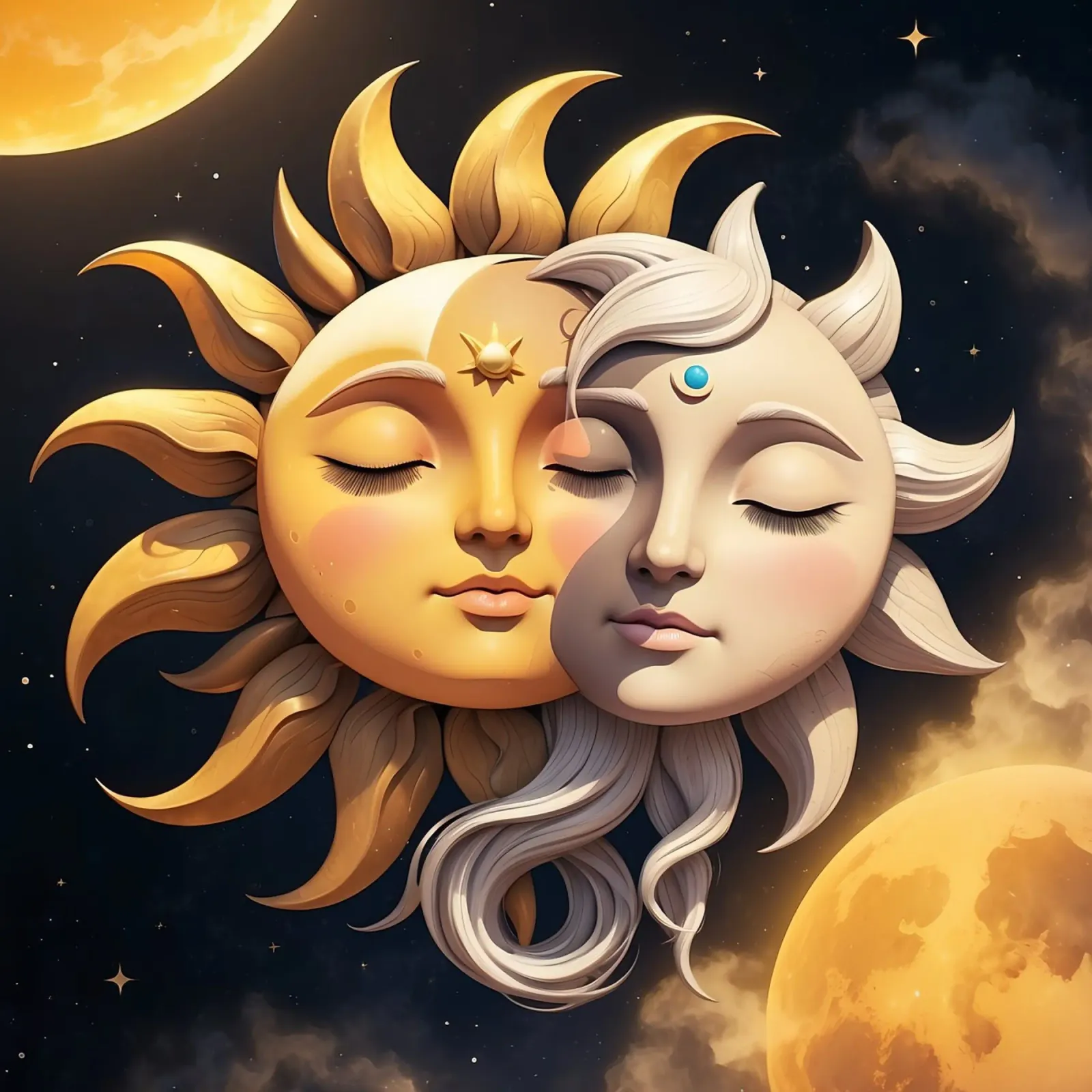 Le soleil et la lune s'embrassent dans une harmonie céleste sous un ciel étoilé hahnemühle de DesignDoodle