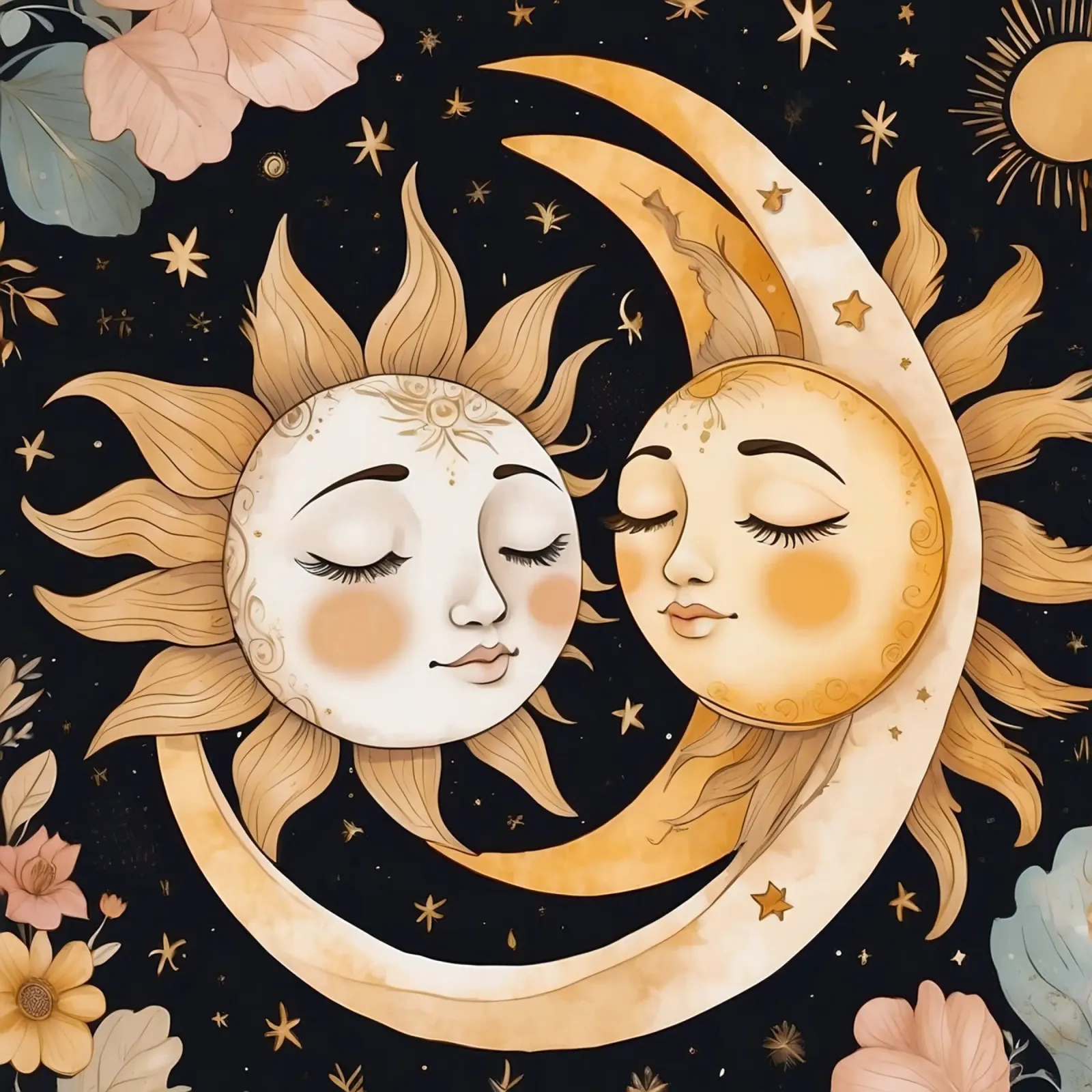 I volti celesti del sole e della luna si intrecciano in una notte floreale pellicola backlit da DesignDoodle