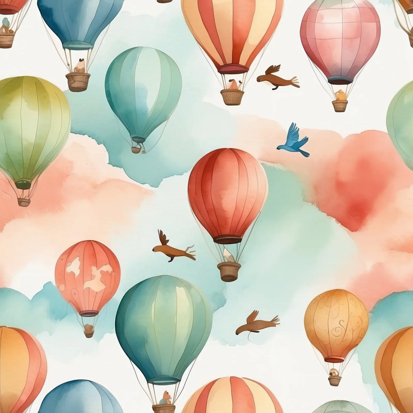Colorate mongolfiere fluttuano tra soffici nuvole con gli uccelli pellicola backlit da DesignDoodle