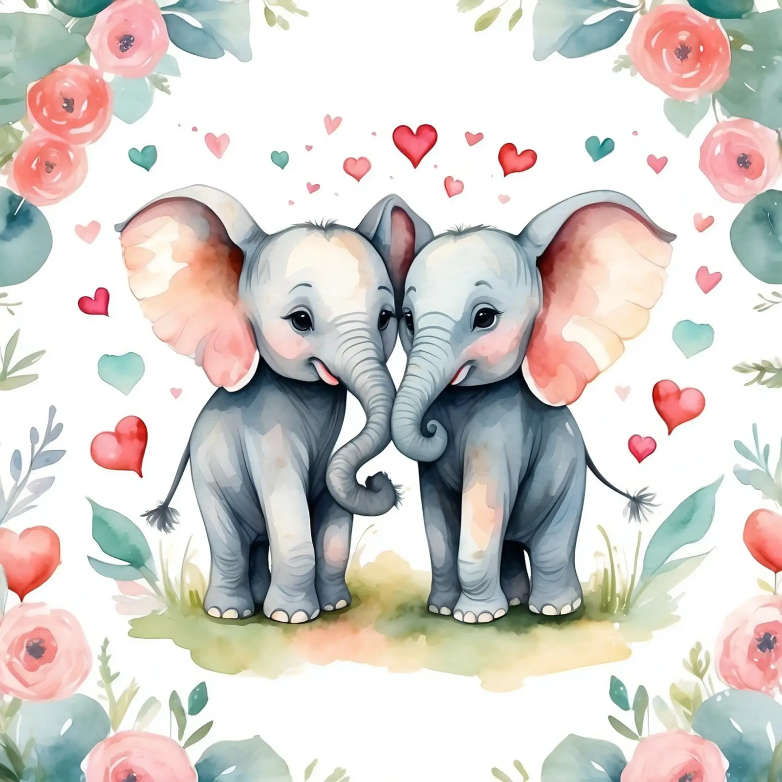 Dos simpáticos elefantes comparten afecto rodeados de flores metacrilato de DesignDoodle
