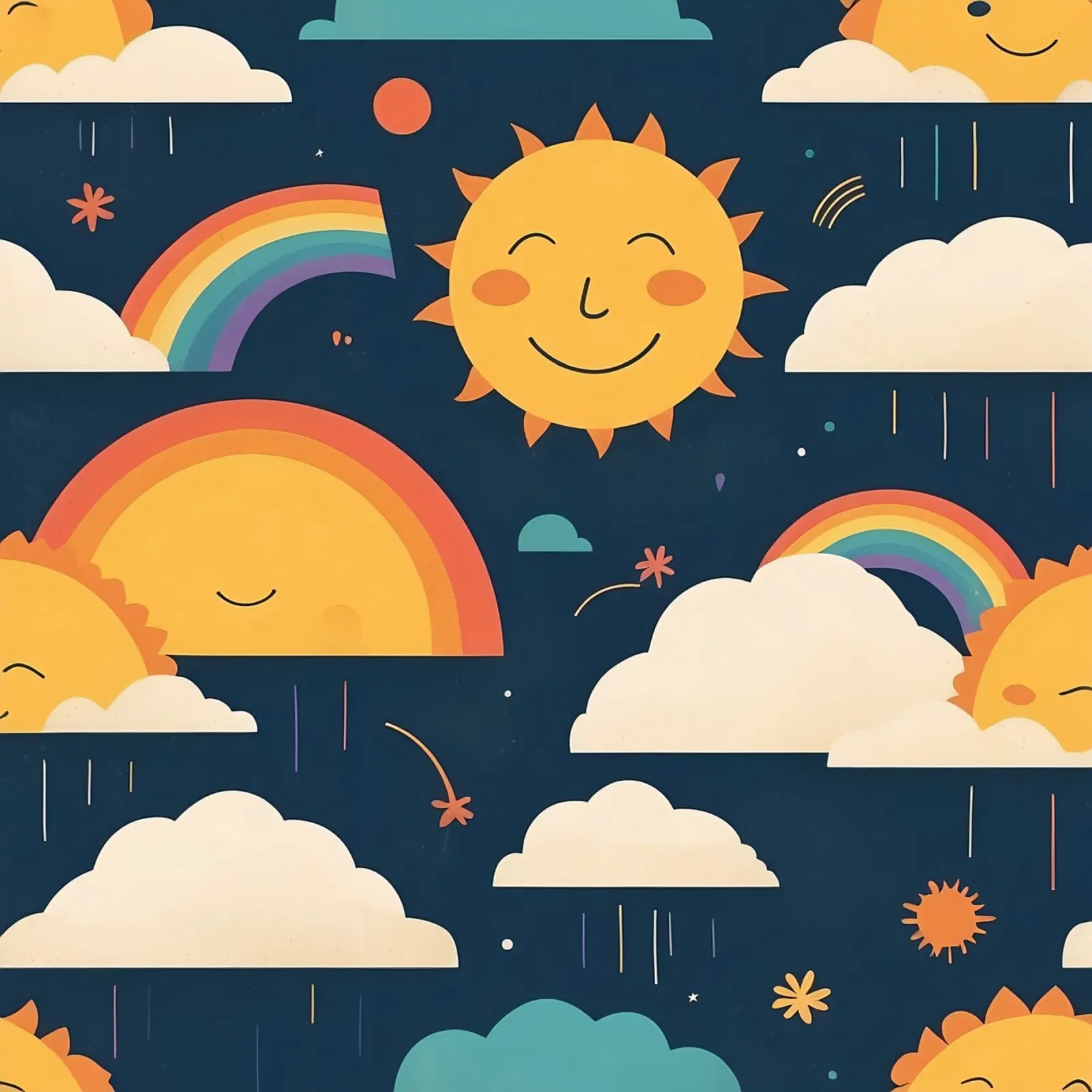 Whimsical pattern depicting smiling suns, rainbows, & clouds canvas with Floater frame by DesignDoodle