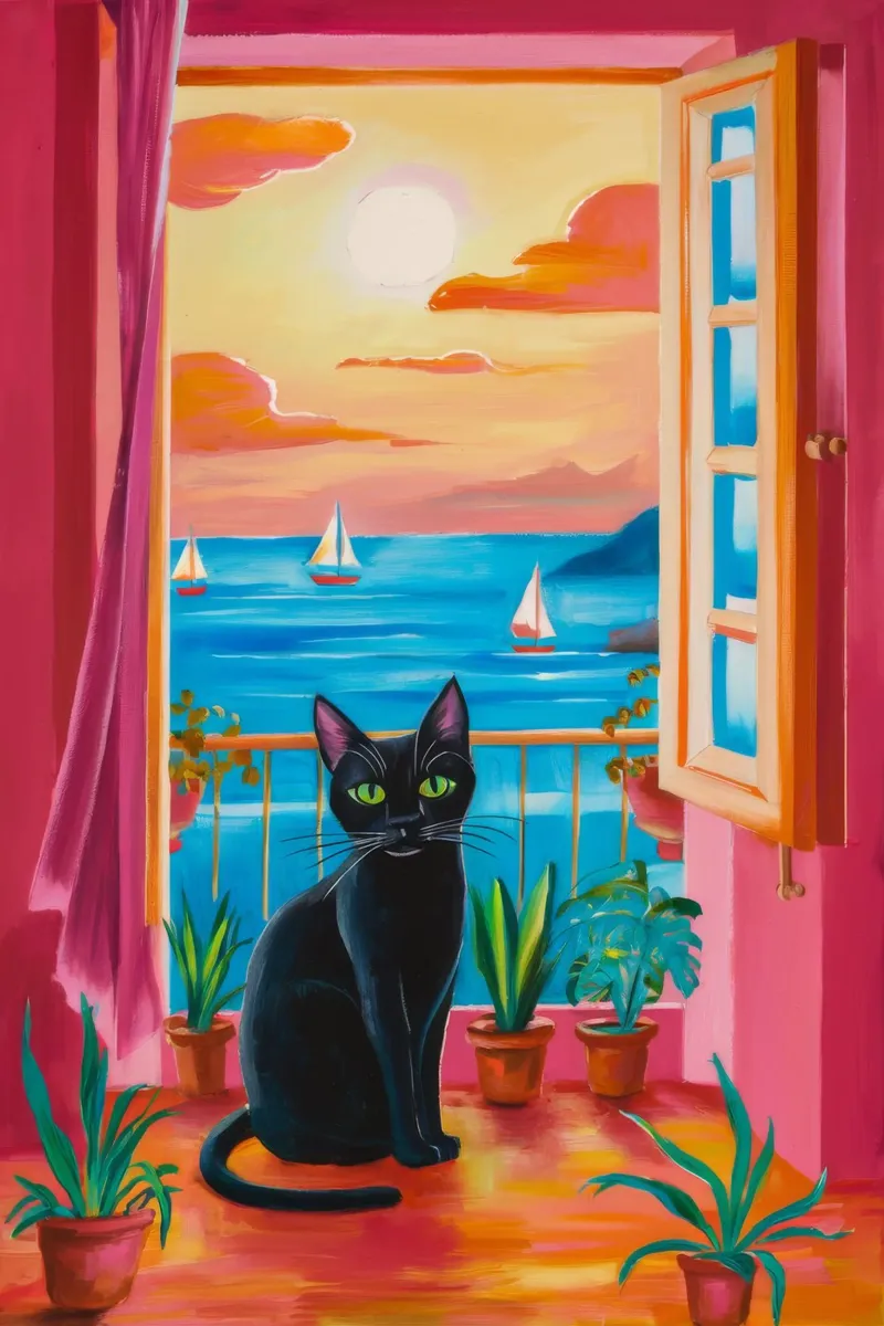 Silhouette di gatto al tramonto poster da Tiga Bersama