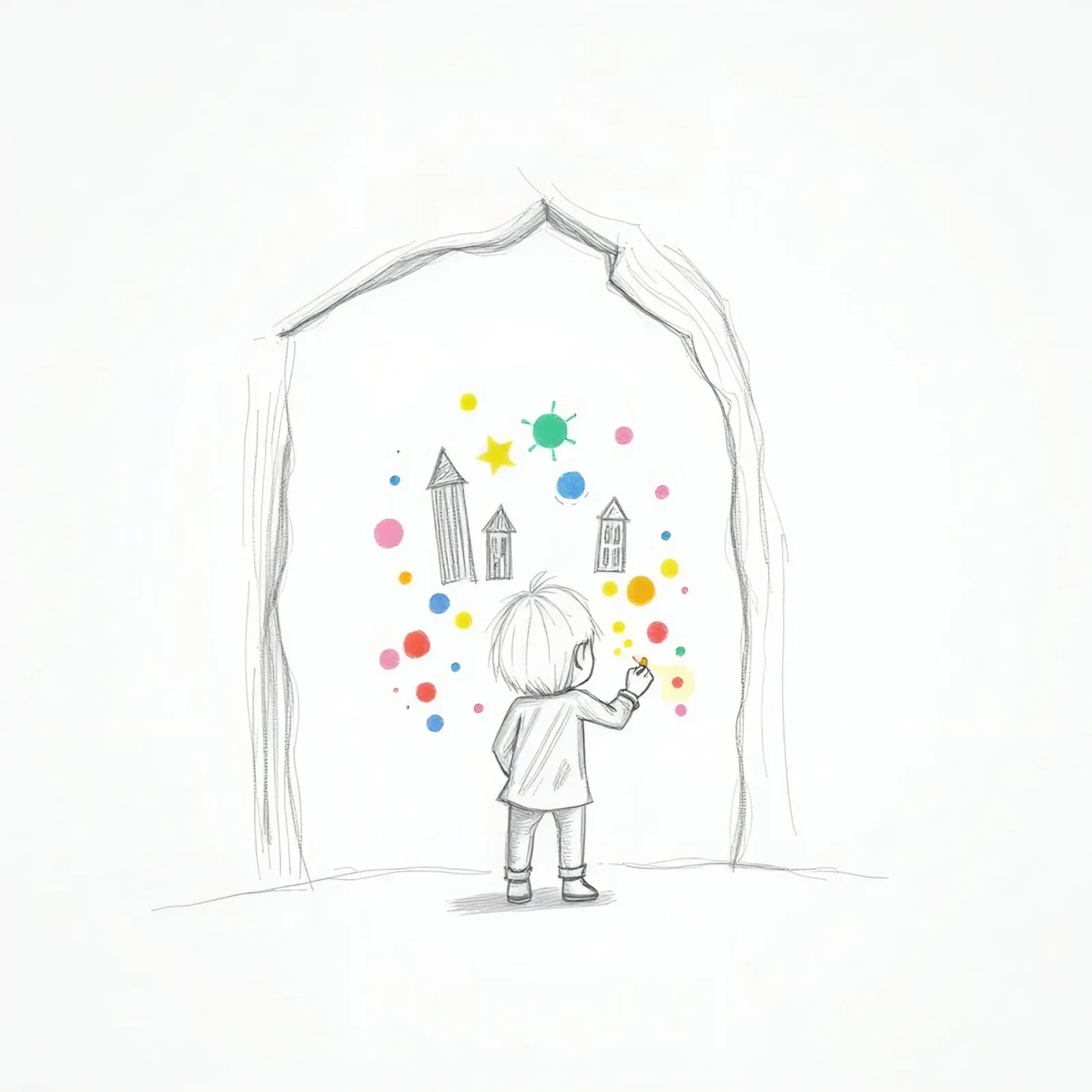 Kleines Kind malt kleine Häuser, Sterne und Punkte auf eine Wand Leinwand mit Schattenfugenrahmen von DesignDoodle