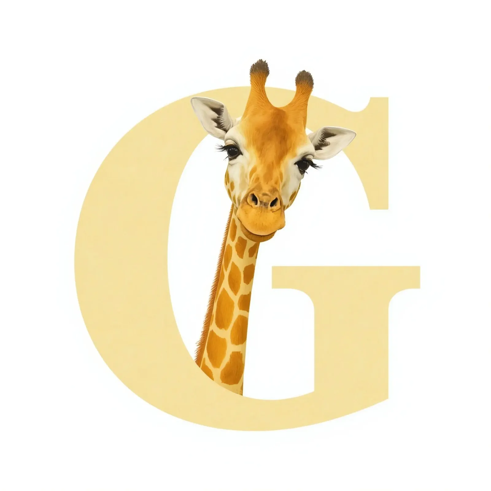 Giraffe kijkt door uitgeknipte letter G, educatieve kunst poster met kunststof frame van DesignDoodle