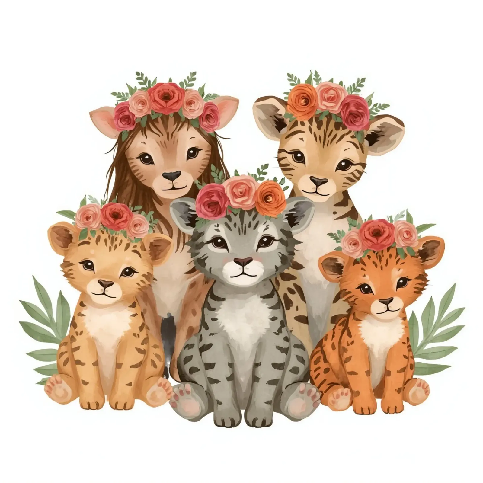 Groep schattige leeuwen- en luipaardwelpen met bloemenkroon canvas van DesignDoodle