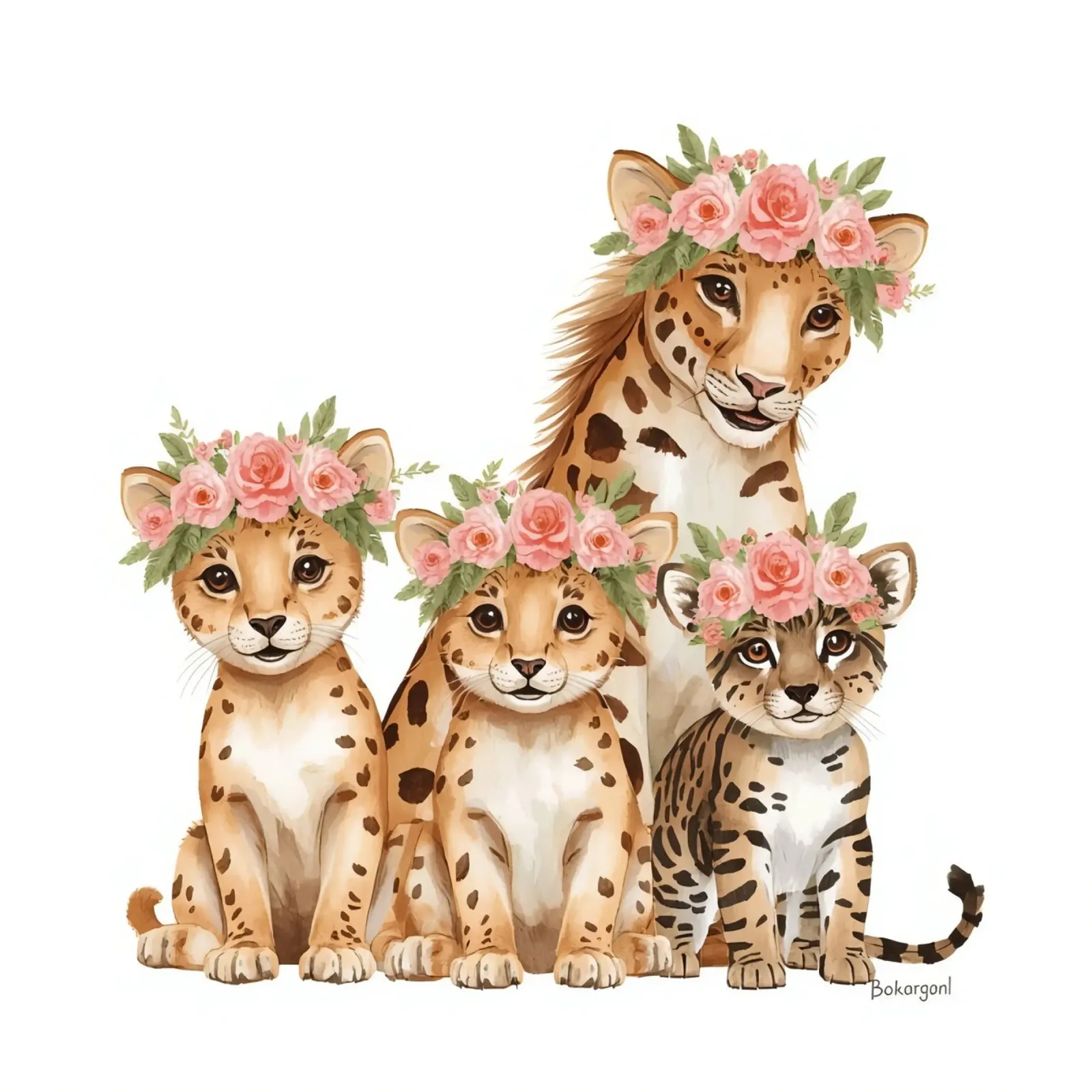 Simpatica illustrazione di una famiglia di ghepardi che indossano tutti fiori poster con telaio in plastica da DesignDoodle