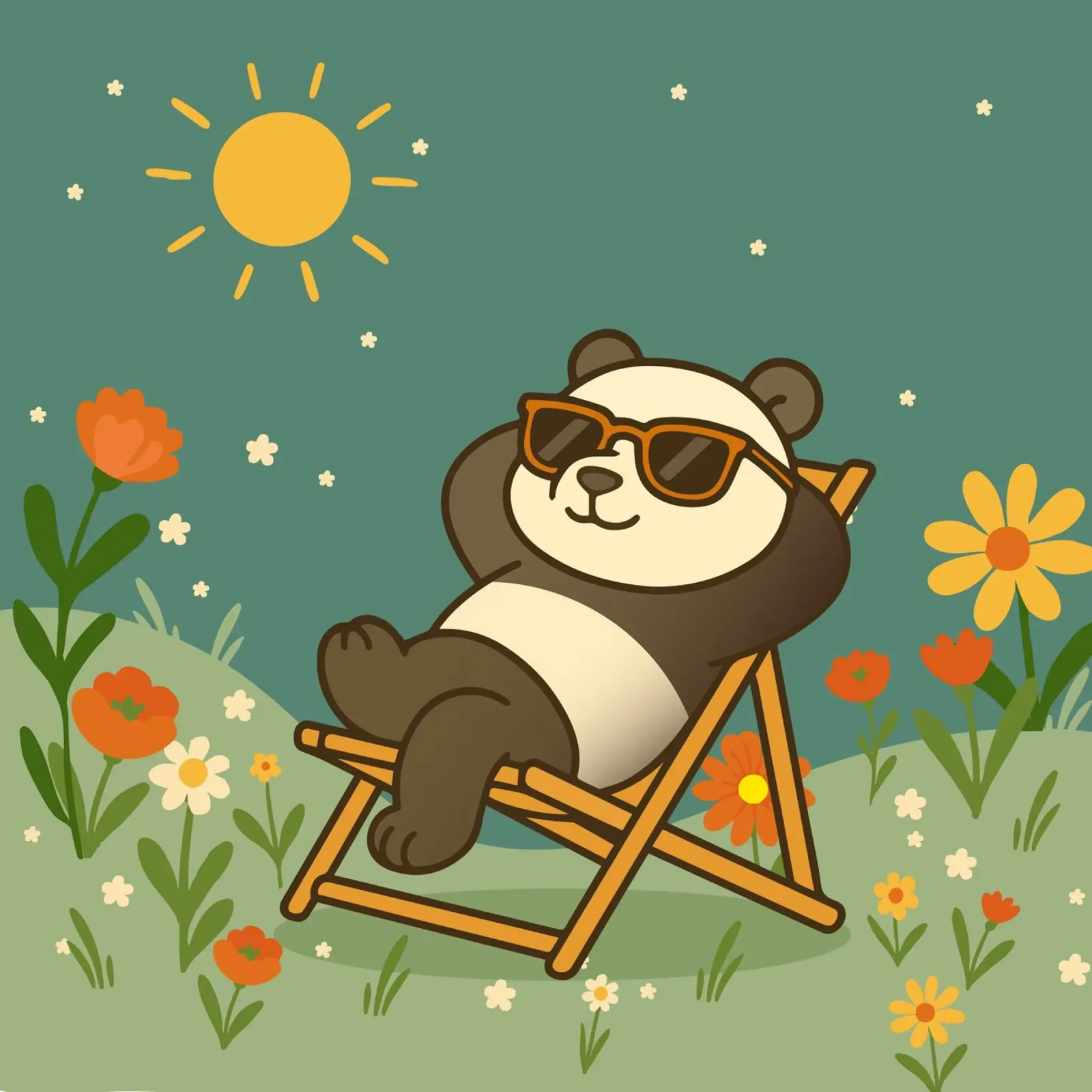 Un panda détendu allongé dans une chaise longue, portant un soleil cool hahnemühle de namosh