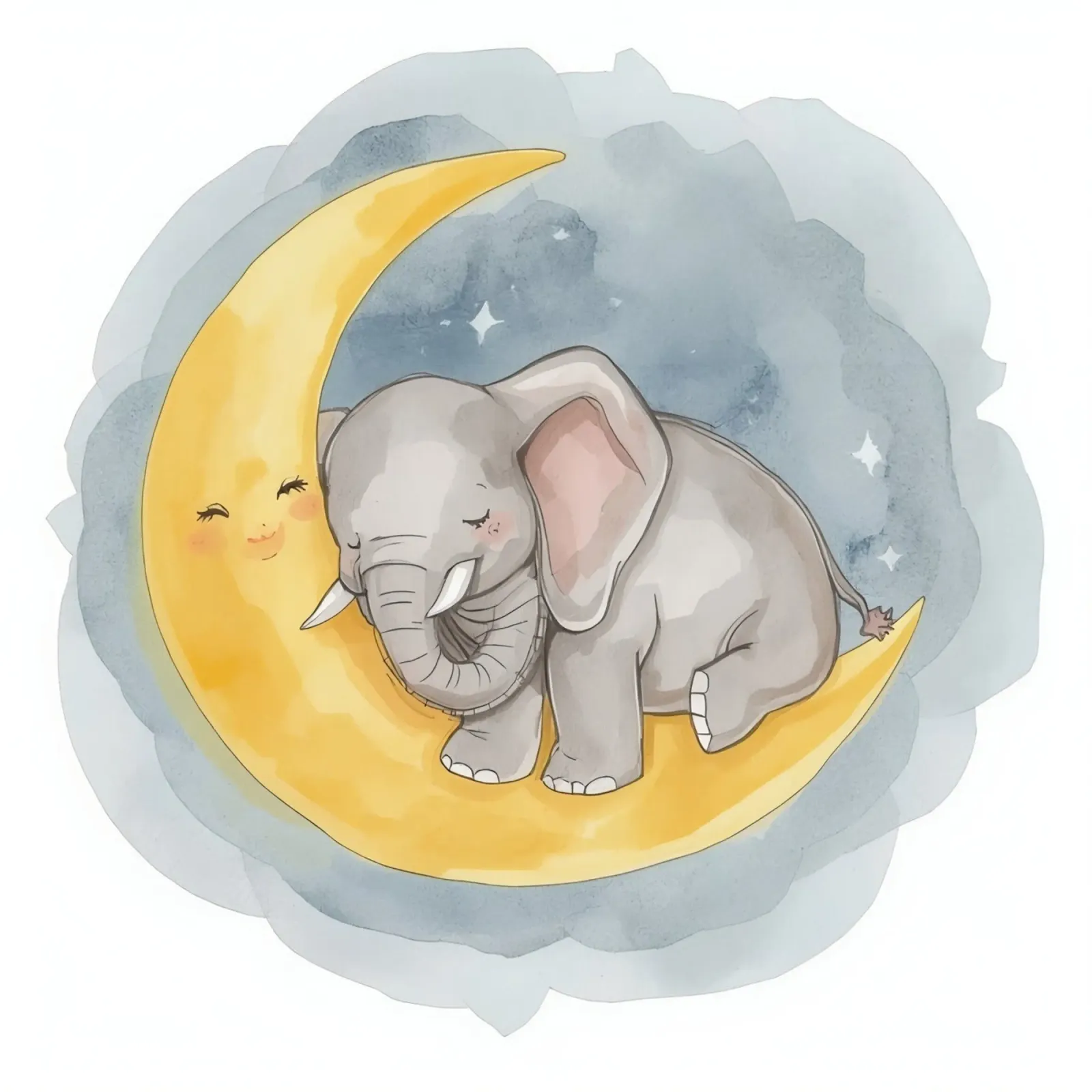 Un petit éléphant se repose sur la lune jaune avec un visage endormi. hahnemühle de DesignDoodle